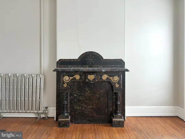 a view of fireplace with wooden floor