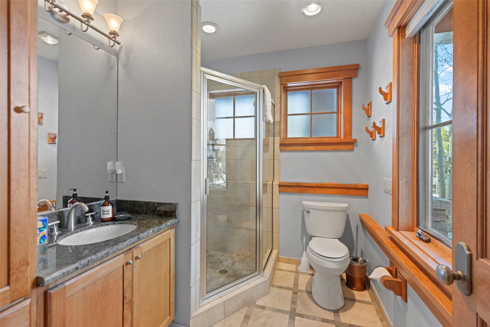 317 Timbertrail Road Breckenridge, CO 80424 - Photo 45 of 50 a bathroom with a granite countertop toilet a sink and a mirror
