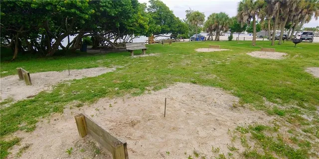 a garden view with a seating space