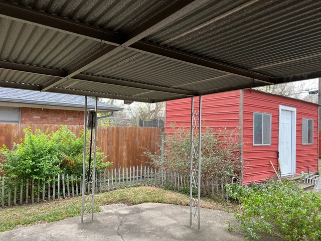 a porch with seating space
