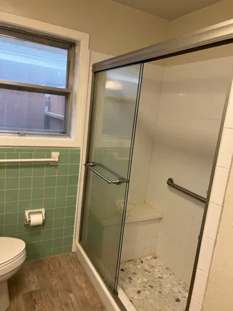 a bathroom with a shower and a toilet