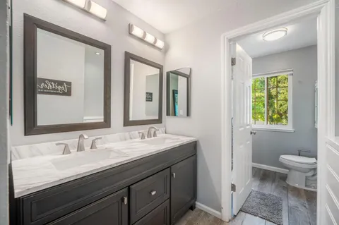 a bathroom with a sink double vanity and a toilet