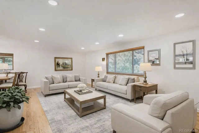 a living room with furniture potted plant and window