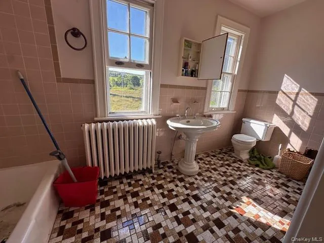 a bathroom with a toilet sink and mirror