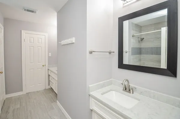 a bathroom with a sink and a mirror