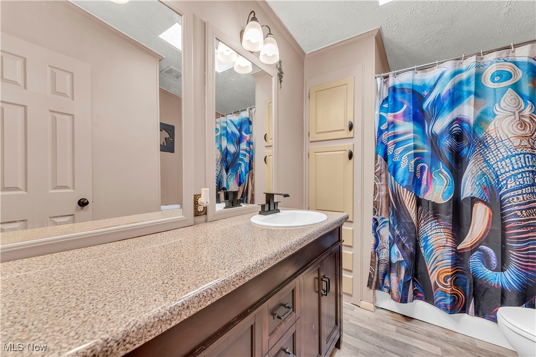 27202 Cook Road, Unit 90 Olmsted Falls, OH 44138 - Photo 18 of 36 Full bathroom featuring a textured ceiling, vanity, light wood-style flooring, and shower / bath combination with curtain