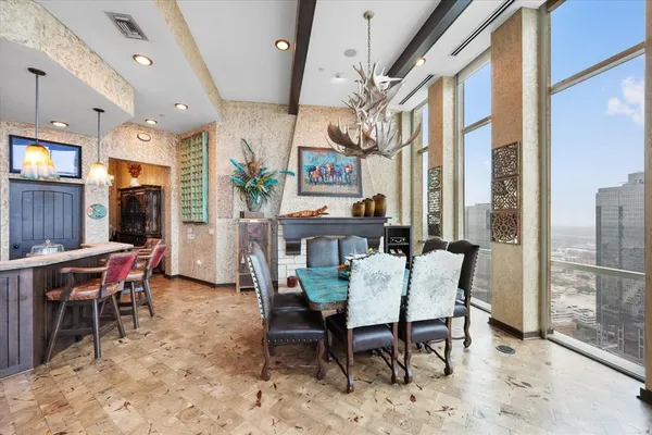 a view of a dining room with furniture