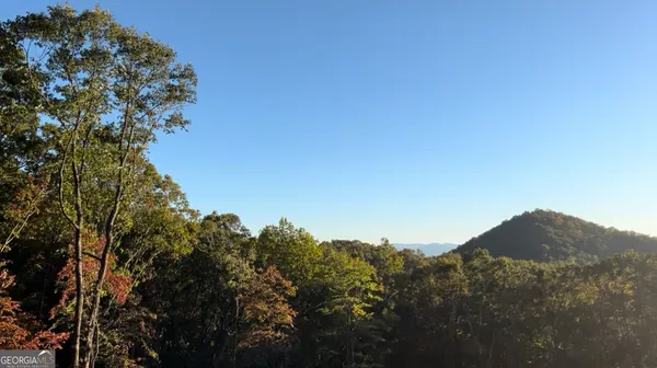 a view of a house with a mountain and a forest
