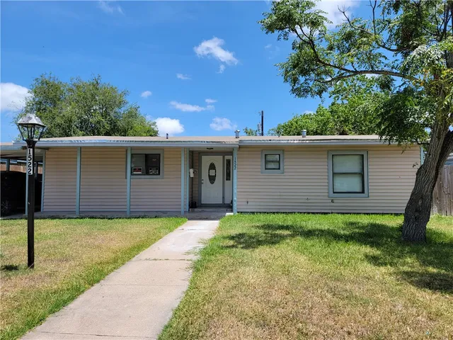 a backyard of a house with plants and large tree
