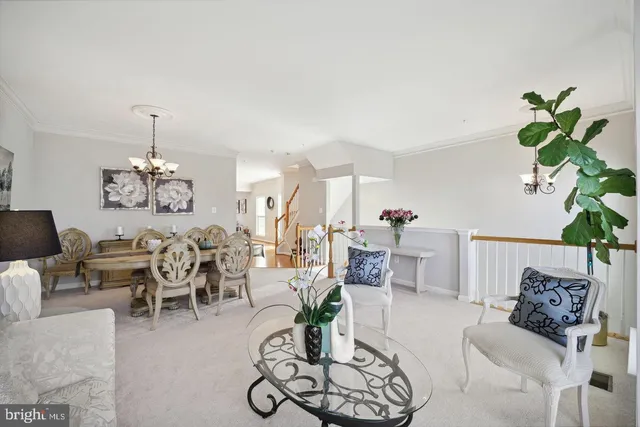 a living room with furniture potted plant and a chandelier