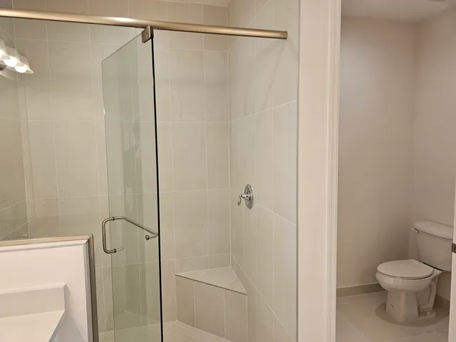 a bathroom with a shower and a toilet