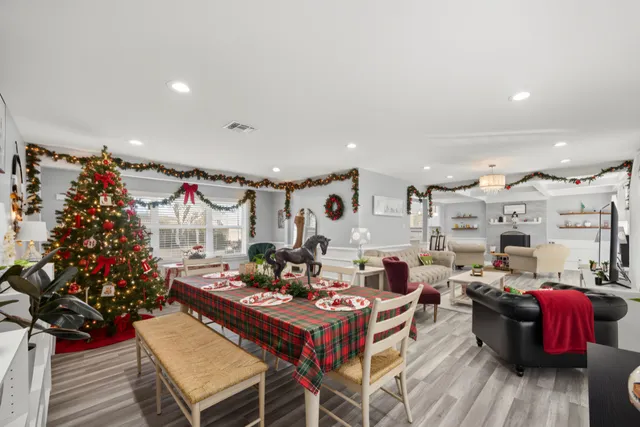 a living room with lots of furniture and a potted plant