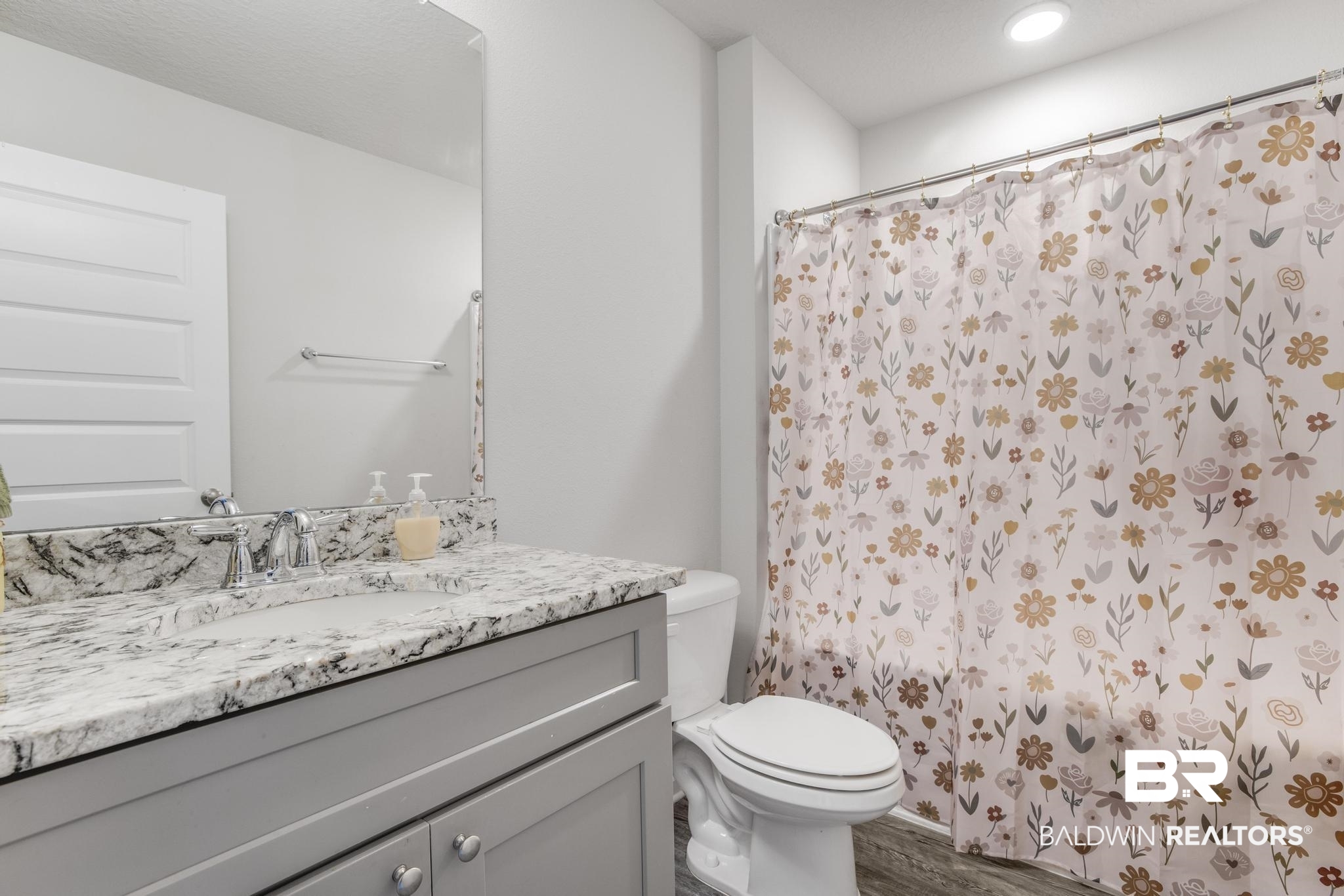 10738 Ridgeview Drive Mobile, AL 36608 - Photo 17 of 48 Bathroom featuring a shower with shower curtain, vanity, and dark wood-style flooring