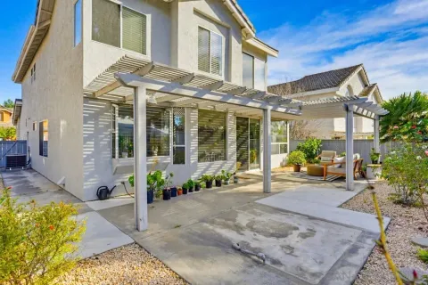 a garden view with a seating space