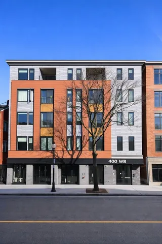 front view of building with a street