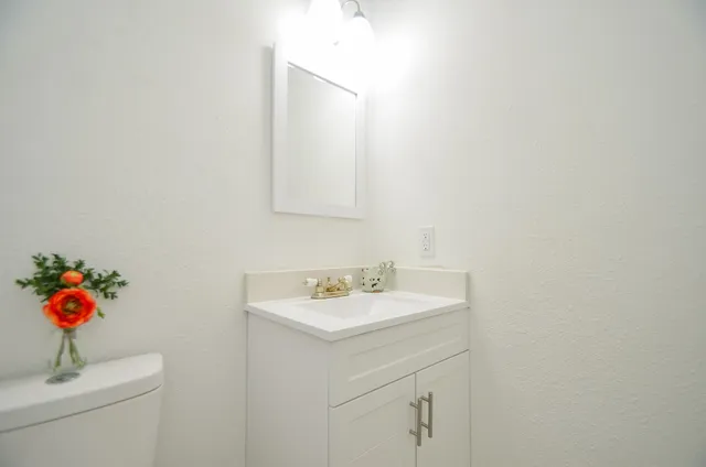 a bathroom with a granite countertop sink mirror and a shower