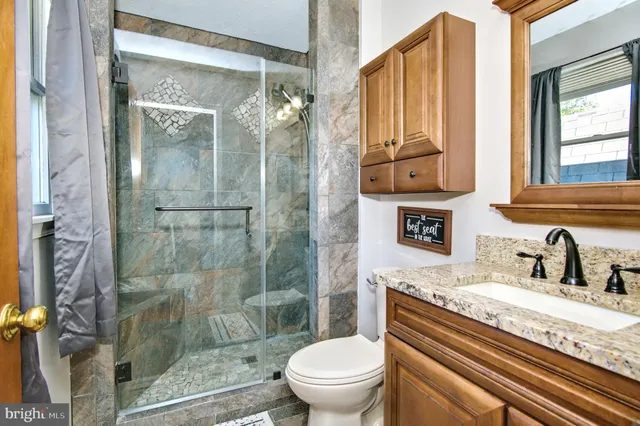 a bathroom with a granite countertop sink toilet and shower