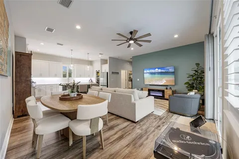 a view of a dining room with furniture
