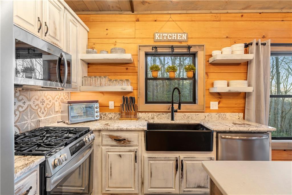 447 Pig Trail Cherry Log, GA 30522 - Photo 21 of 71 a kitchen with stainless steel appliances a stove a sink and a refrigerator