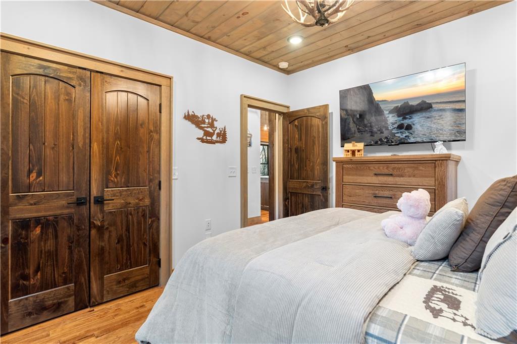 447 Pig Trail Cherry Log, GA 30522 - Photo 27 of 71 a bedroom with a bed and a large mirror with a flat tv screen