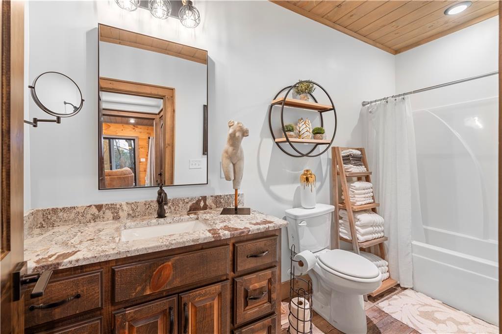 447 Pig Trail Cherry Log, GA 30522 - Photo 55 of 71 a bathroom with a granite countertop toilet a sink and a mirror