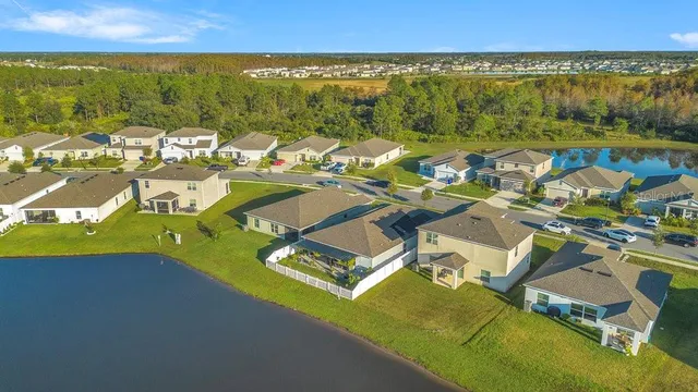 an aerial view of a house with outdoor space