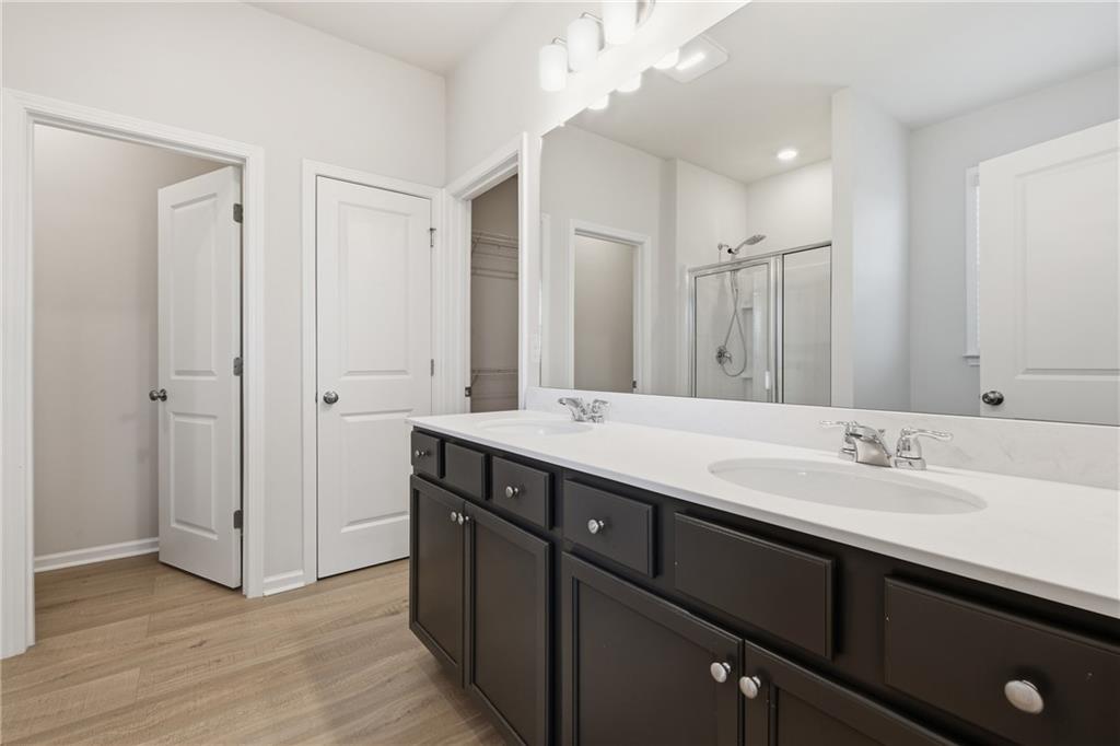 8820 Shipton Circle Ball Ground, GA 30107 - Photo 16 of 40 a bathroom with a double vanity sink and mirror