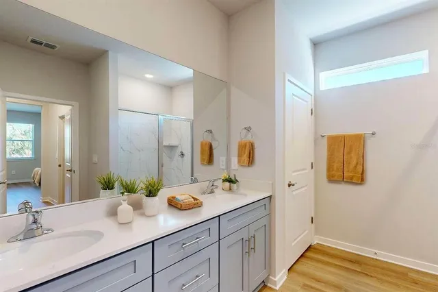 a bathroom with a sink double vanity granite and a mirror