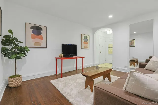 a living room with furniture and a potted plant