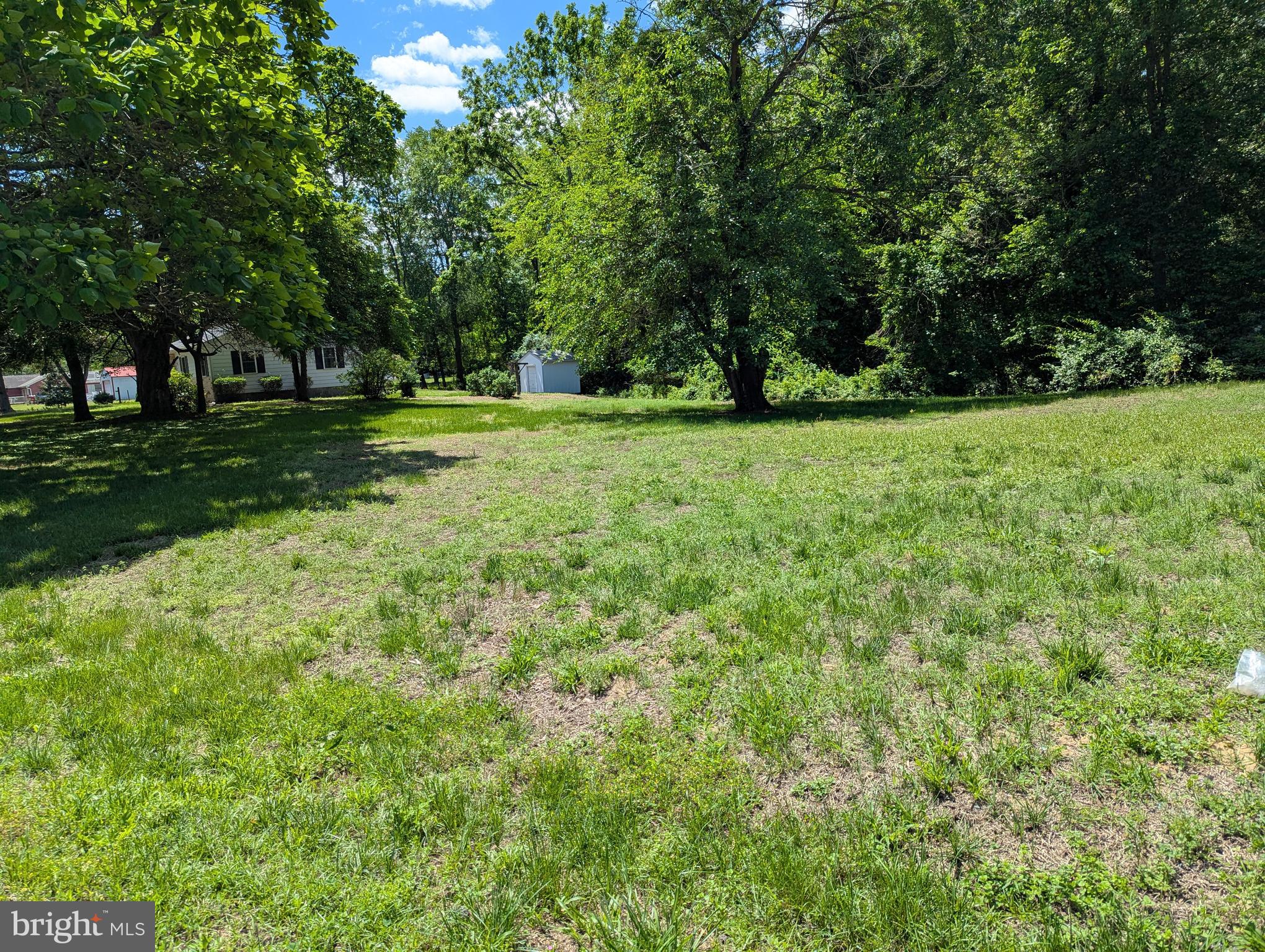 a view of grassy field with benches