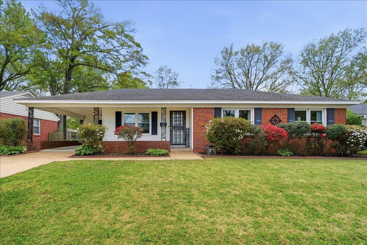 Ranch-style house featuring a front yard, an attached carport, brick siding, and a porch