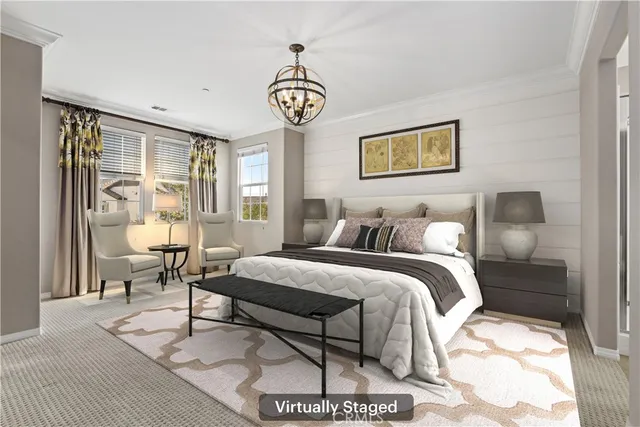 a bedroom with a bed and a table in it