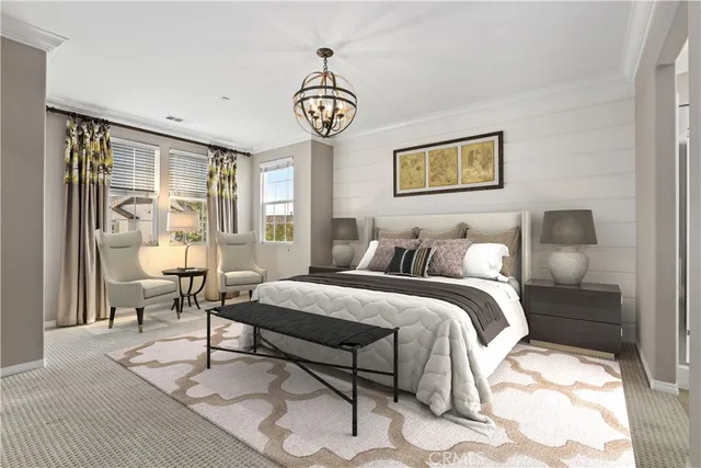 a bedroom with a bed and a table in it