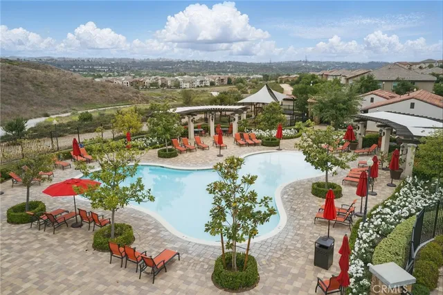 an outdoor space with furniture