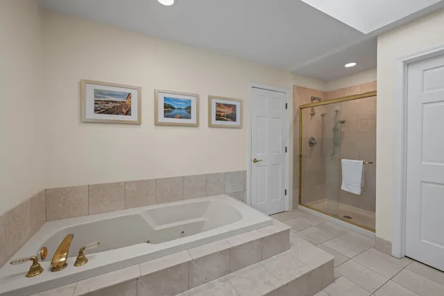 a bathroom with a bathtub and a shower