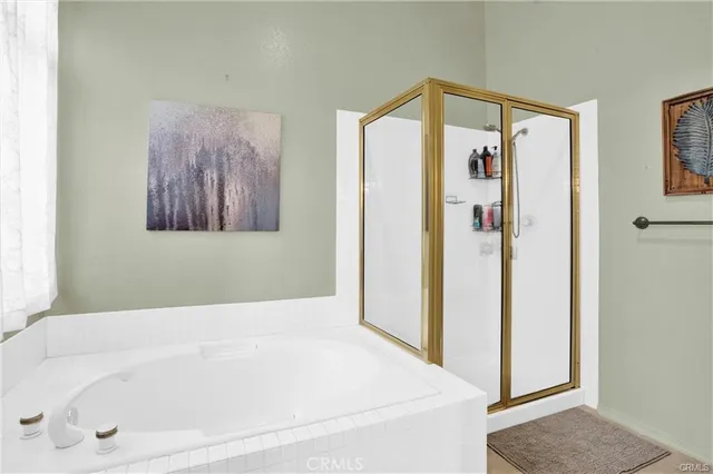 a bathroom with a bathtub and a shower
