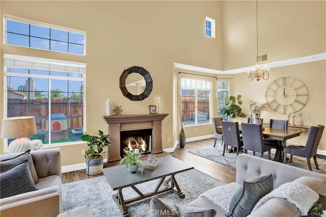 a living room with furniture a fireplace and a floor to ceiling window