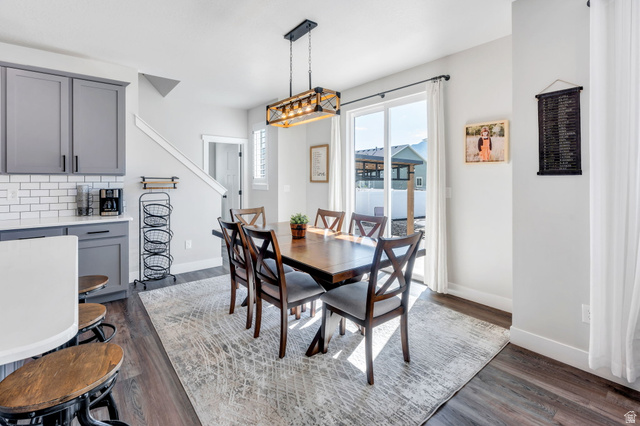 252 North Sunrise Rnch Drive Mapleton, UT 84664 - Photo 21 of 62 Open-concept dining area featuring a wood-finish dining table with seating for six, illuminated by a multi-bulb chandelier