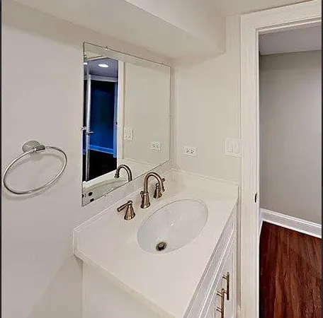 a bathroom with a sink and a mirror