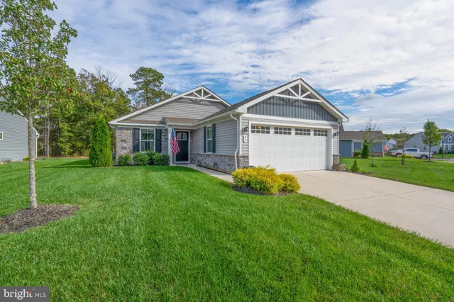a front view of a house with a yard and green space