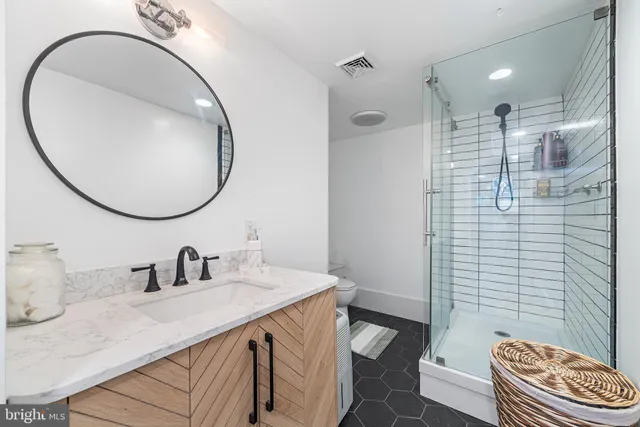 a view of a room with shelves