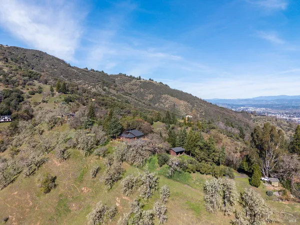 an aerial view of residential house and green space
