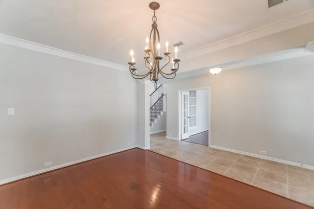 a view of a chandelier in a room