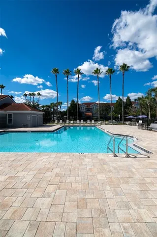 a view of a swimming pool with a yard
