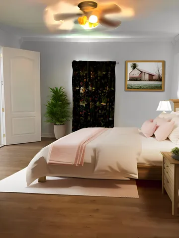 a room with a table and a bookshelf