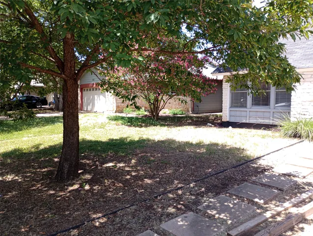 a view of a yard with plants and trees beside of it