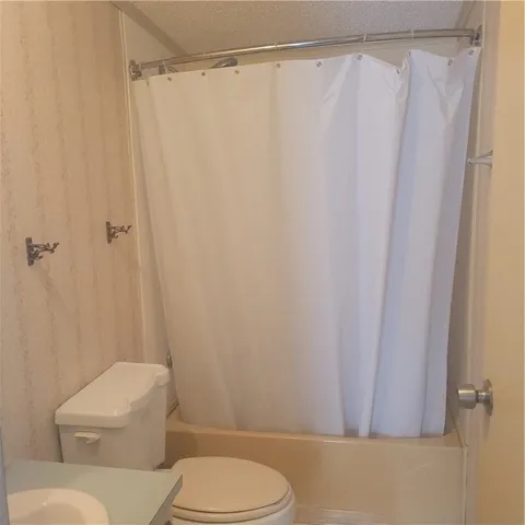 a white toilet sitting next to a shower curtain