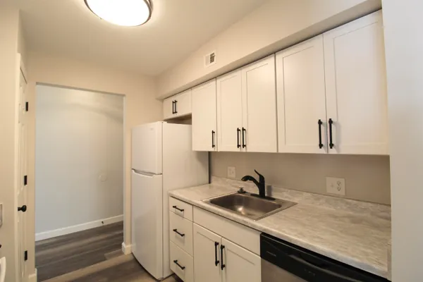 a kitchen with a sink and a refrigerator