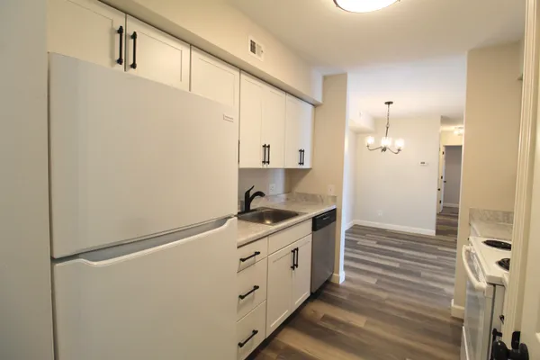 a kitchen with stainless steel appliances granite countertop a sink and a refrigerator