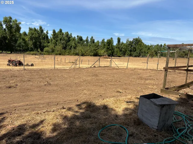a view of a field with trees in the background